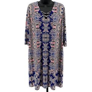 WISP Shift Dress Womens 12 Blue Tribal Print 3/4 Sleeves Lined Pullover Stretch